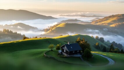 Fototapeta premium Serene Mountain Retreat: Breathtaking Sunrise Over Lush Green Hills, Perfect for Relaxation and Inspiration