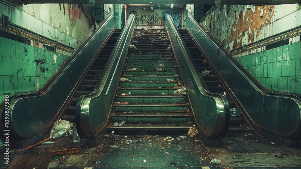Poster an abandoned subway station with broken and cracked green paint, an empty escalator that leads down 