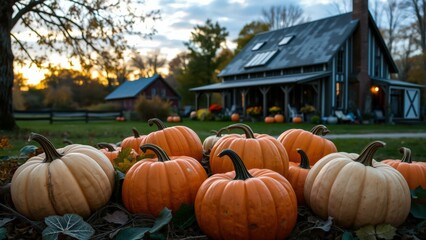 Autumnal Pumpkin Display in Front of Rustic Barn at Sunset, Perfect for Fall Decor and Seasonal Marketing