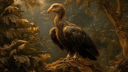 Obraz premium Majestic extinct bird perched on a mossy rock in a sun-dappled forest.