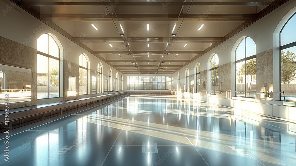 Poster a complex where a cafeteria and fencing courts converge, separated by a floor-to-ceiling glass or wi