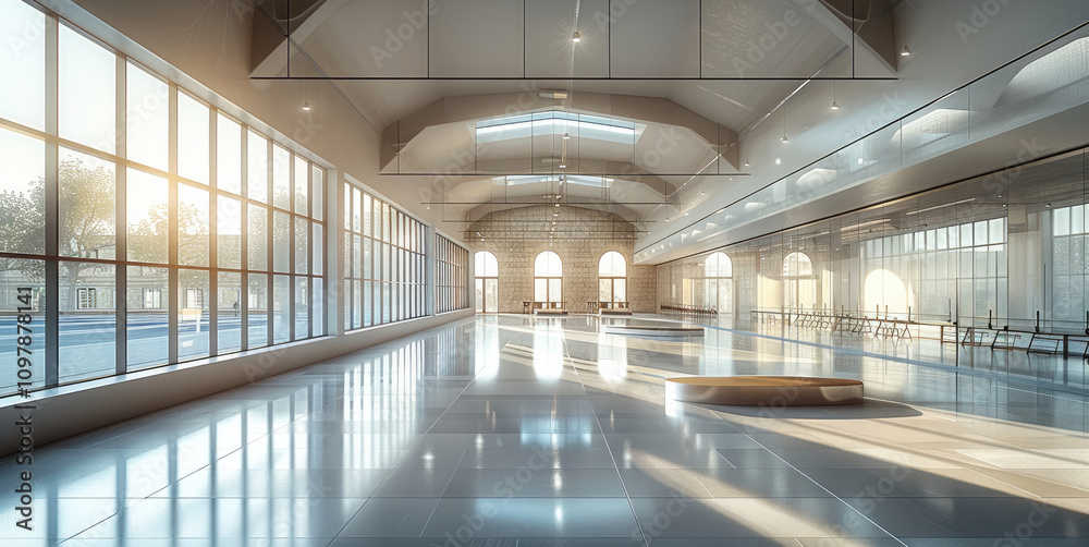Poster a complex where a cafeteria and fencing courts converge, separated by a floor-to-ceiling glass or wi