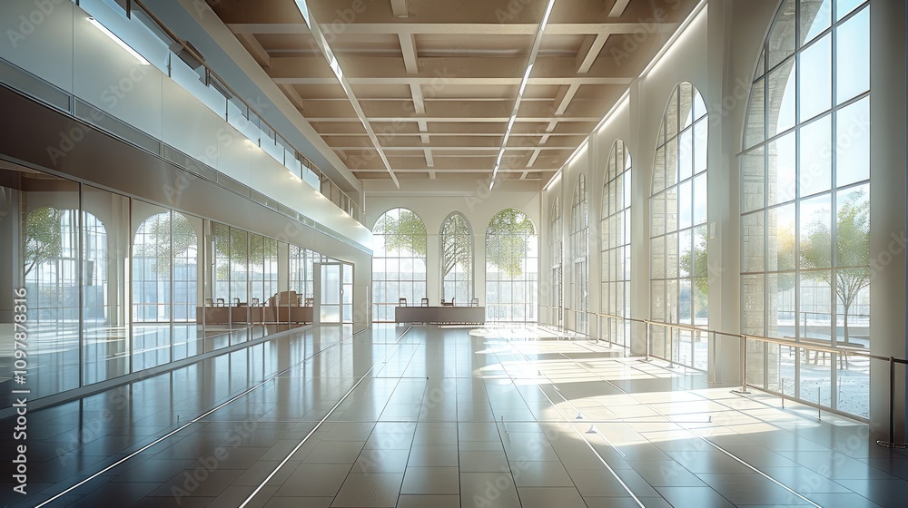 Poster a complex where a cafeteria and fencing courts converge, separated by a floor-to-ceiling glass or wi