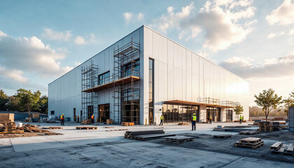 Obraz premium A nearly finished factory building with workers completing final construction touches.