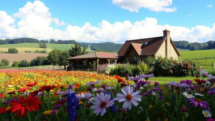 Vibrant Countryside Cottage Surrounded by Wildflowers: Perfect for Wall Art or Home Decor