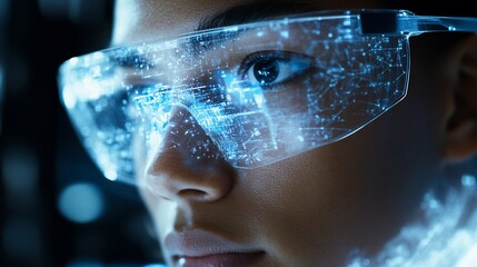 Woman wearing futuristic glasses with digital data overlay.