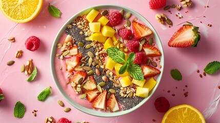 Smoothie bowls are placed on a table filled with fresh fruits, seeds and nuts. Healthy and nutritious food