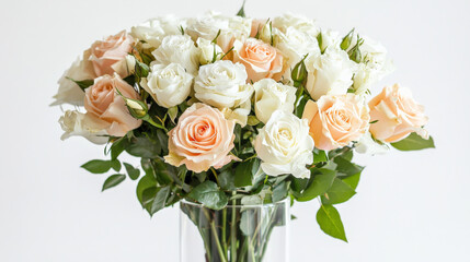 Obraz premium stunning bouquet of white and blush roses, beautifully arranged with lush green leaves, perfect for any occasion. This floral display radiates elegance and charm