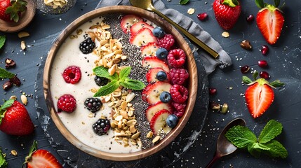 Smoothie bowls are placed on a table filled with fresh fruits, seeds and nuts. Healthy and nutritious food