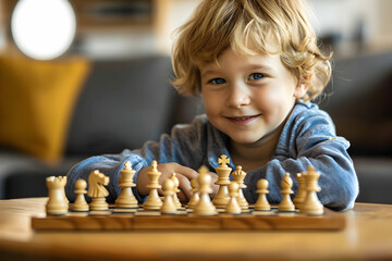 adorable preschooler boy sitting at table and playing chess at home