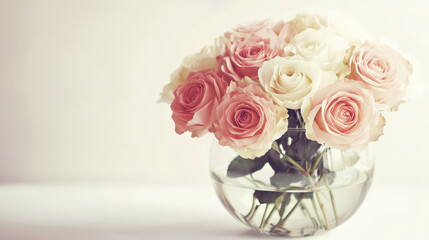 Refined simplicity with white and blush roses in clear round vase, creating serene and elegant atmosphere. Perfect for any occasion or decor