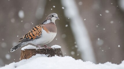 Colorful bird perched on snow-covered stump in winter snowfall.