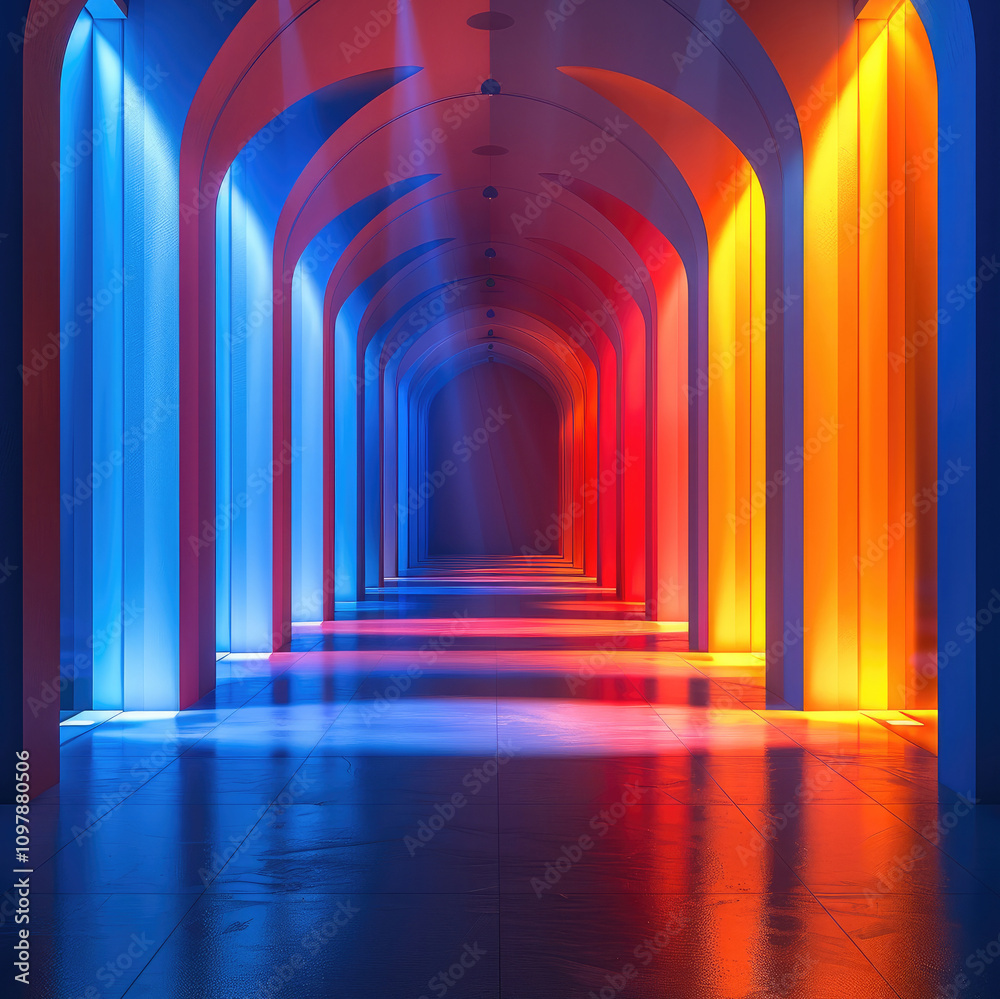 Poster a dynamic lighting sequence that transitions from tranquil warm amber and soft cool blue hues to bol
