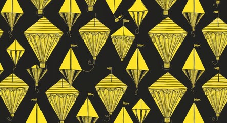 Yellow Kite pattern hand drawn design on Black background illustration