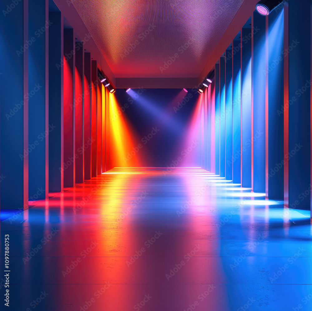 Poster a dynamic lighting sequence that transitions from tranquil warm amber and soft cool blue hues to bol