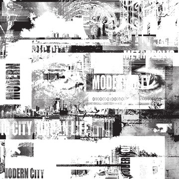 Abstract seamless pattern with newspaper headlines, concerned human eyes, urban landscapes. Chaotic vector background on the theme of city life in retro style. Wallpaper, wrapping paper, fabric design