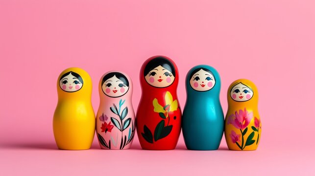 Matryoshka dolls in vibrant colors with intricate floral designs isolated on a pastel pink background