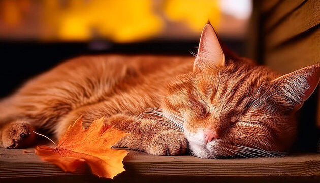 GATINHO LARANJINHA DEITADO CONFORTAVELMENTE NA VARANDA NO OUTONO