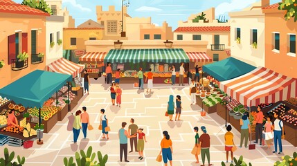 A vibrant outdoor market with colorful stalls and people shopping.