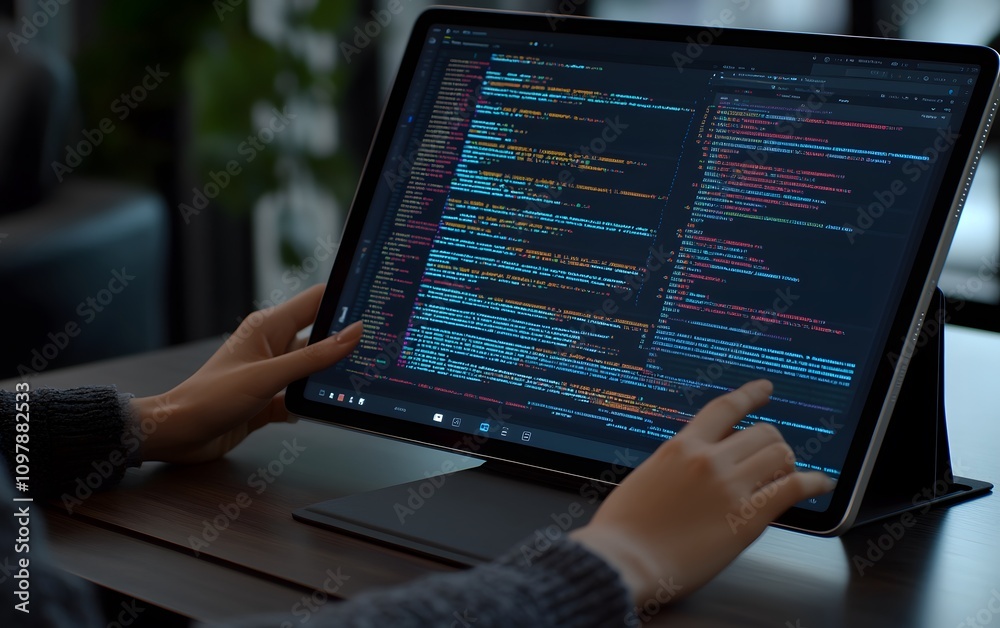 Poster a person interacting with a tablet displaying colorful code on a dark background.