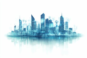 Obraz premium Digital city skyline, glowing, reflected, futuristic.