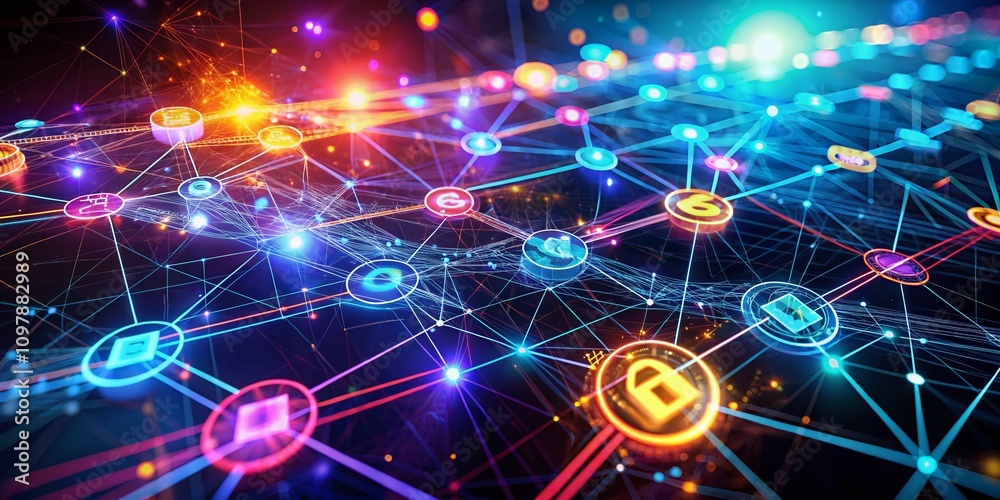 Poster futuristic blockchain network with glowing digital links and secure connections illustrating cutting