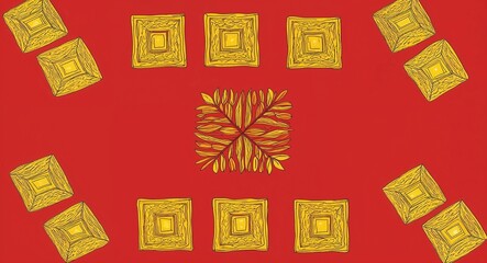 Yellow Square pattern hand drawn design on Red background illustration