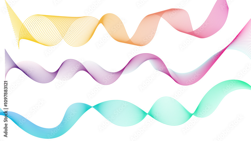Poster Dynamic gradient colorful flowing wave design element. Abstract wavy lines gradient vector line blend element. Wavy line gradient shapes set	
