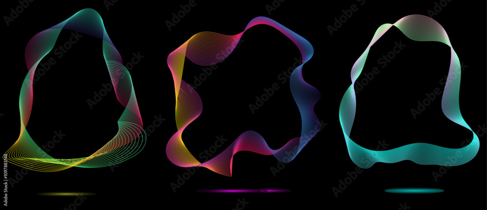 Poster technology concept set of colorful creative circles round curve shape with wavy dynamic lines isolat