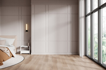 Minimalist bedroom interior with light wood flooring, white walls, and large windows in modern apartment or hotel room design concept. 3D Rendering