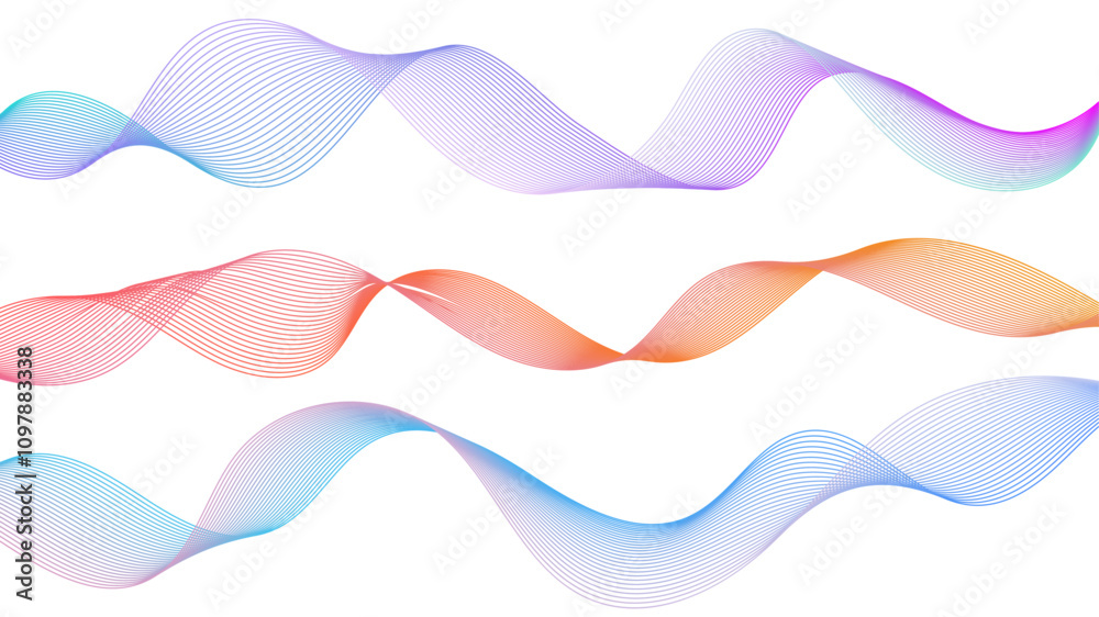 Poster Dynamic gradient colorful flowing wave design element. Abstract wavy lines gradient vector line blend element. Wavy line gradient shapes set	
