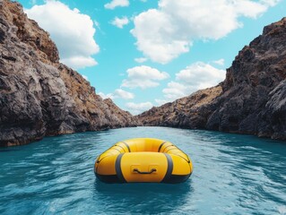 Obraz premium A vibrant inflatable raft on tranquil waters.