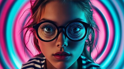 Obraz premium Creative neon themed portrait of a young girl with oversized glasses surrounded by glowing concentric rings symbolizing futuristic style and vibrant digital energy