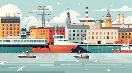 Obraz premium A cartoon illustration of a harbor city with boats and seagulls.