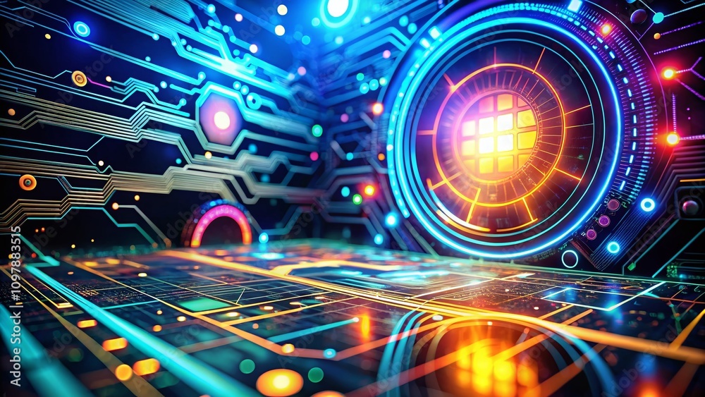 Poster futuristic digital colorful hud background with glowing cyber circuit board elements for advanced vi