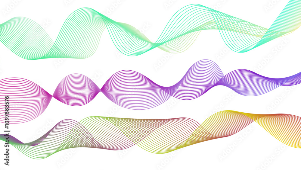 Poster Dynamic gradient colorful flowing wave design element. Abstract wavy lines gradient vector line blend element. Wavy line gradient shapes set	
