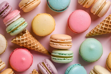 Obraz premium Group of waffle cones and colorful macarons. macarons background