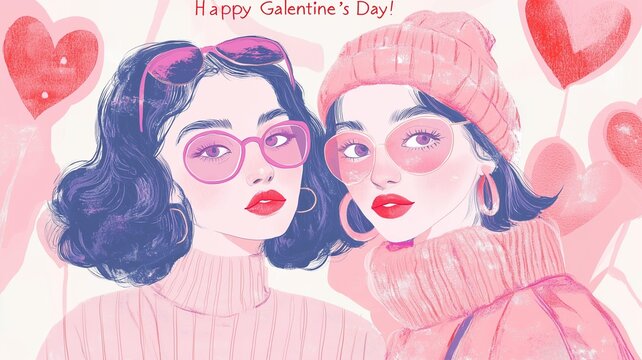 text "Happy Galentine's Day!" in the style of an illustrated greeting card, white background, pink and red colors, hearts. Female characters, hearts, love. Design for greeting card, invitation card.