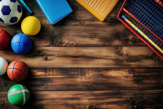 Colorful collection of various sports balls and equipment on a wooden table - Powered by Adobe