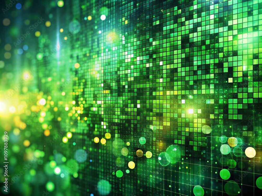 Poster futuristic glitchy green pixelated texture with bokeh effect capturing dynamic digital patterns in m