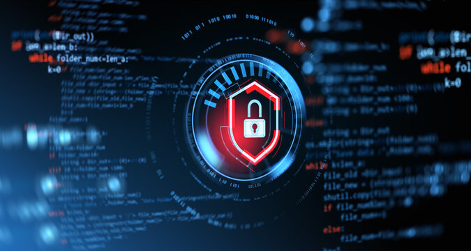 3D illustration of cybersecurity protection symbol with code background, representing data security and encryption concepts. 3D Rendering
