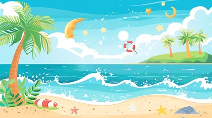Fototapeta premium An illustration of a beach scene with palm trees and blue water.