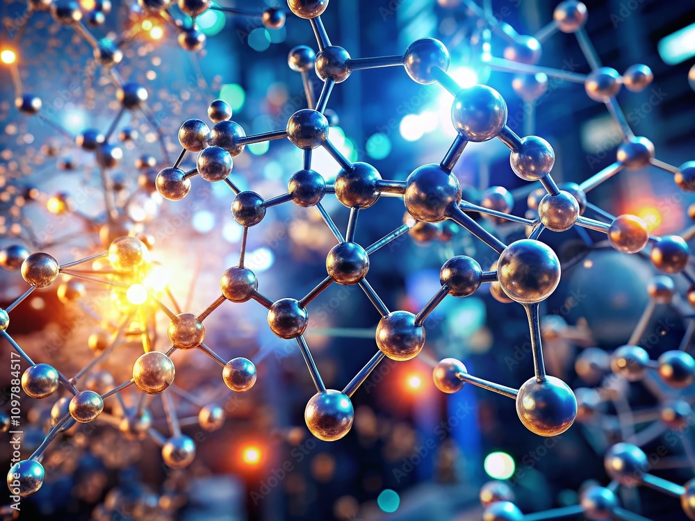 Poster futuristic molecular structures with glowing particles in a blurred background symbolizing advanced 