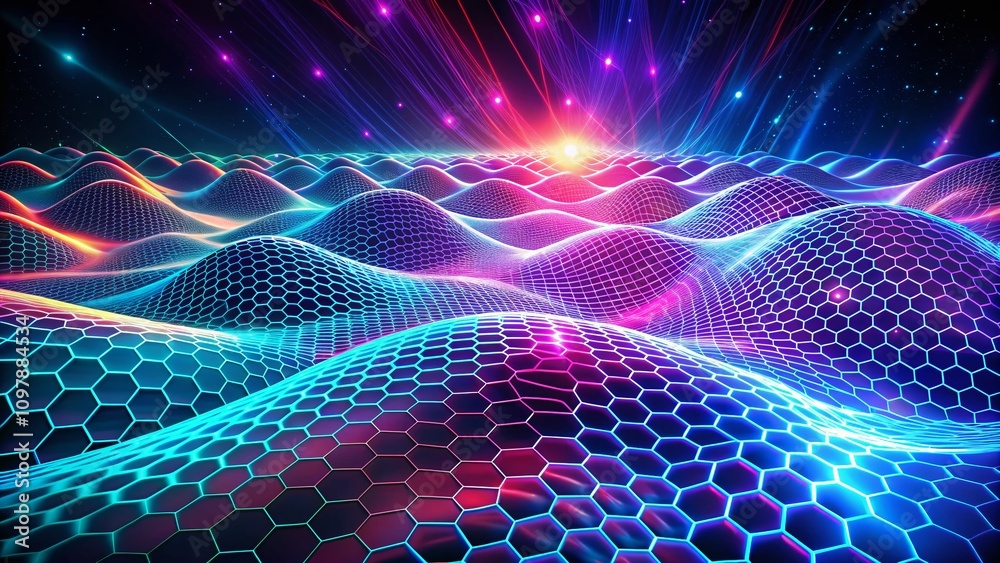Poster futuristic metaverse illustration of a liquid wavy net with hexagon grids creating a dynamic and eng