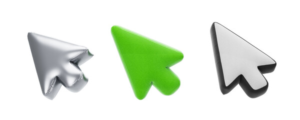 Three arrow-shaped balloons in silver, green, and white on a white background. 3D Rendering