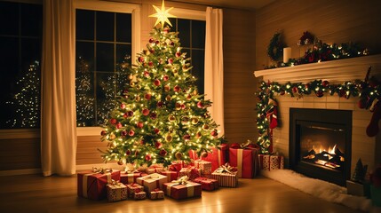 Festive Christmas Tree with Gifts and Fireplace filled with gifts under the tree