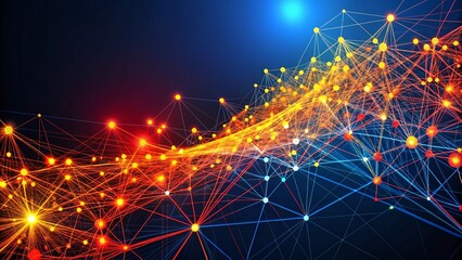 Futuristic Network of Red, Orange, and Yellow Lines and Dots on Dark Blue Background Representing Artificial Intelligence and Technology Concepts in a Captivating Visual Display
