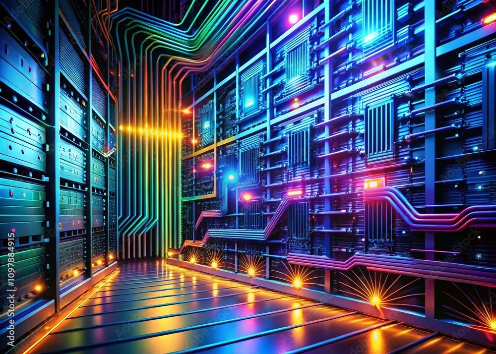 Poster futuristic server with printed circuit board design showcasing data movement and processing in abstr