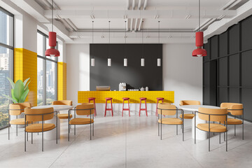 Modern cafe interior with bright yellow and red elements, featuring a bar counter, tables, and chairs in a minimalist setting. 3D Rendering