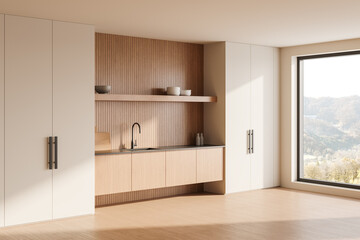 Minimalist modern kitchen with light wood cabinets, open shelves, large window, and mountain view. 3D Rendering